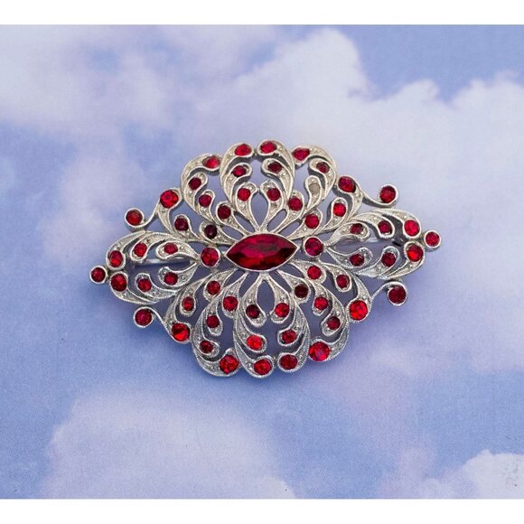 Vintage Art Deco Red Rhinestone Silver Tone Brooch by ORA - S4 - Picture 1 of 2